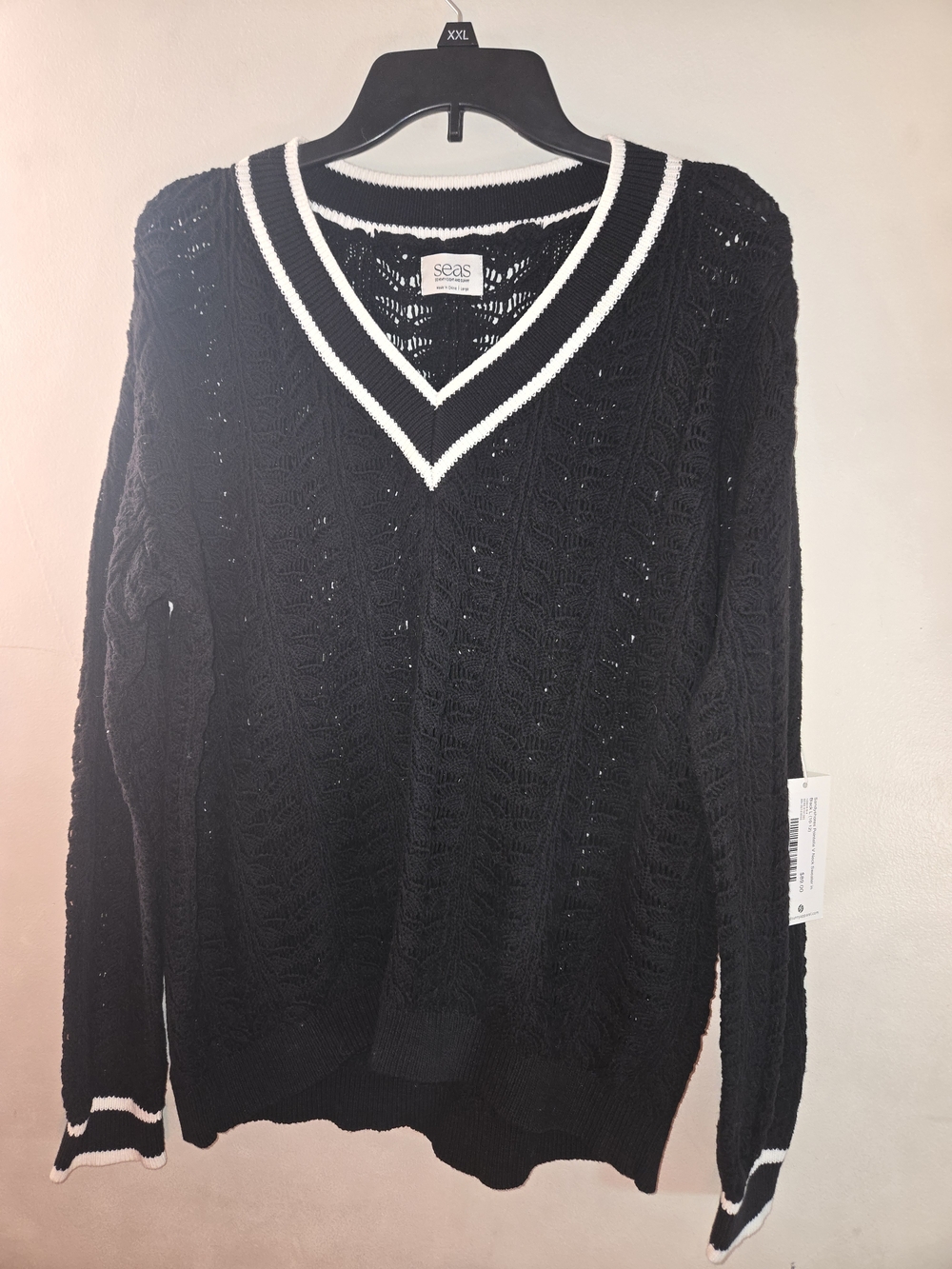 Black V-Neck Cable Knit Sweater with White Trim